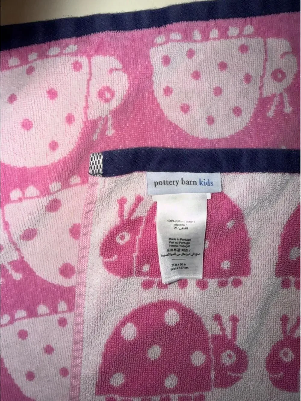 Pottery Barn Kids Bath Towel Bright Pink Ladybug Cotton Navy Trim